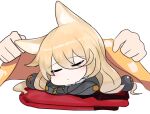  1girl :o animal_ears bangs blanket blush chibi closed_eyes covering_with_blanket disembodied_limb dokomon eyebrows_visible_through_hair facing_viewer g41_(girls_frontline) girls_frontline hair_between_eyes hair_ornament highres long_hair parted_lips simple_background sleeping solo_focus white_background 
