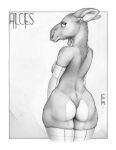  2019 anthro armwear avian_caruncle big_butt breasts butt capreoline cervid clothing dewlap_(anatomy) ear_piercing ear_ring ecmajor elbow_gloves female gloves greyscale handwear hi_res leggings legwear looking_at_viewer looking_back mammal monochrome moose mostly_nude piercing short_tail skindentation smile solo standing thigh_highs tight_clothing wattle 