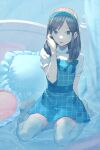  1girl aqua_dress bed black_hair dress eyebrows_visible_through_hair hairband highres long_hair n2_enuni original parted_lips pillow plaid plaid_dress plaid_hairband shirt short_sleeves sitting smile solo thighhighs wariza white_legwear white_shirt 