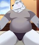  2021 anthro belly black_nose blush clothing foreseth fur hi_res knights_college male mammal overweight overweight_male paul_(knights_college) polar_bear shirt solo topwear underwear ursid ursine video_games visual_novel white_body white_fur 