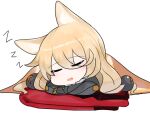  1girl animal_ears bangs blanket blush chibi closed_eyes dokomon eyebrows_visible_through_hair facing_viewer fang g41_(girls_frontline) girls_frontline hair_between_eyes hair_ornament highres long_hair open_mouth simple_background sleeping solo white_background zzz 