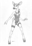  ambiguous_gender anthro avian bird bulge cervid clothing cloven_hooves ecmajor eyelashes feral girly hi_res hooves leotard male mammal monochrome smile solo solo_focus tight_clothing 