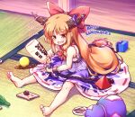  1girl bangs bottle bow bowtie cube cuffs eyebrows_visible_through_hair food gourd hair_bow holding holding_bottle horn_ornament horn_ribbon horns ibuki_suika indoors isu_(is88) long_hair looking_down low-tied_long_hair metal_belt open_mouth orange_eyes orange_hair plate purple_ribbon purple_skirt red_bow red_neckwear red_ribbon ribbon ribbon-trimmed_skirt ribbon_trim shackles shirt sitting skirt smile solo sphere tatami torn_clothes torn_sleeves touhou white_ribbon white_shirt wrist_cuffs 