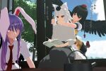  animal_ears black_hair bunny_ears inubashiri_momiji kjo mikumikudance purple_hair red_eyes reisen_udongein_inaba shameimaru_aya touhou translation_request white_hair wings wolf_ears 