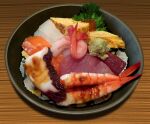  bowl egg fish food food_focus highres hokkaido_(artist) ikura_(food) no_humans omelet original realistic rice roe sashimi sauce seafood shrimp simple_background still_life tamagoyaki vegetable 