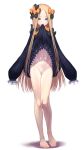  1girl abigail_williams_(fate) bangs barefoot black_bow black_dress blonde_hair bow censored closed_mouth cowboy_shot dress dress_lift fate/grand_order fate_(series) feet frilled_sleeves frills full_body groin hair_bow highres legs lifted_by_self long_hair looking_at_viewer minazuki_juuzou mosaic_censoring mouth_hold navel no_panties orange_bow parted_bangs polka_dot polka_dot_bow pussy simple_background sleeves_past_fingers sleeves_past_wrists smile solo very_long_hair white_background 