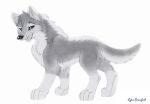  2014 black_eyes blackwolf_silverpaw blue_sclera canid compression_artifacts female feral fur grey_body grey_fur lyka_snowfield mammal side_view signature simple_background smile solo white_background 