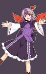  1girl bangs bird_wings black_background black_skirt boots breasts brown_footwear capelet eyebrows_visible_through_hair frilled_skirt frills grey_hair head_wings highres horns kakone long_sleeves looking_at_viewer multicolored_hair open_mouth petticoat puffy_short_sleeves puffy_sleeves purple_hair purple_shirt red_eyes red_wings shirt short_hair short_over_long_sleeves short_sleeves simple_background single_head_wing skirt small_breasts smile solo teeth tokiko_(touhou) touhou two-tone_hair wide_sleeves wings 