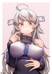  1girl :&lt; ahoge bangs blush breasts closed_mouth eyebrows_visible_through_hair grey_eyes grey_hair hand_on_own_stomach headgear highres kantai_collection large_breasts long_hair long_sleeves looking_at_viewer namaata off_shoulder shirt simple_background sleeveless sleeveless_shirt solo twitter_username two-tone_background washington_(kantai_collection) white_shirt 