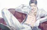  1boy abs belt black_belt black_hair couch eyepatch facial_hair gloves goatee hand_on_own_face irezumi jewelry looking_at_viewer lounging majima_gorou male_focus necklace open_clothes open_shirt pants ryuu_ga_gotoku shirt short_hair simple_background sitting snake_print talgi tattoo white_background white_eyepatch white_gloves white_pants white_shirt 