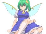  1girl ascot bangs blue_dress blue_eyes blue_wings breasts closed_mouth daiyousei dress eyebrows_visible_through_hair fairy_wings frilled_ascot frilled_sleeves frills green_hair hair_between_eyes hair_ribbon holding holding_clothes holding_dress kakone leg_up looking_at_viewer medium_breasts ribbon short_sleeves side_ponytail simple_background sitting smile solo touhou white_background white_legwear wings yellow_neckwear yellow_ribbon 