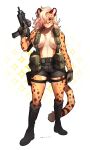  absurd_res alexandra_(velocitycat) anthro big_breasts boots bottomwear breasts cheetah clothed clothing combat_gear felid feline female footwear gloves gun handwear hi_res looking_at_viewer mammal mp7 pgm300 purple_eyes ranged_weapon shorts signature simple_background solo solo_focus straps thigh_strap topless topless_female weapon 