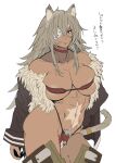  1girl abs animal_ears bare_shoulders breasts choker collarbone crotchless crotchless_panties ettone eyepatch fur_trim ghyslaine_dedorudia highres jacket large_breasts micro_bra mushoku_tensei panties pubic_hair scar scar_on_face scar_on_stomach solo tail underwear 