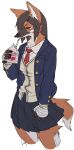  2021 anthro blazer bottomwear canid canine clothing drinking ear_piercing female hi_res kemono mammal maned_wolf milk milk_carton necktie piercing quququl school_uniform simple_background skirt solo uniform white_background 