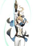  1girl arm_up bangs blonde_hair blue_eyes breasts capelet detached_sleeves genshin_impact gloves hair_ribbon highres holding holding_sword holding_weapon jean_gunnhildr long_hair medium_breasts nakuta open_mouth pants ponytail ribbon sidelocks simple_background solo sword weapon white_background white_pants 