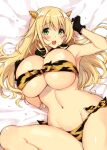  1girl alternate_costume animal_print atago_(kantai_collection) bikini black_gloves blonde_hair blush breasts bursting_breasts cleavage front-tie_top gloves green_eyes groin highres horns huge_breasts kantai_collection kekocha long_hair looking_at_viewer navel oni open_mouth side-tie_bikini solo swimsuit tiger_print 