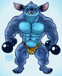  2021 4_fingers 4_toes abs alien anthro anthrofied biceps big_muscles biped blue_body blue_claws blue_eyes blue_fur blue_nose bulge claws clothing digital_media_(artwork) disney dumbbell experiment_(lilo_and_stitch) feet fingers front_view full-length_portrait fur harkin_theflyinghog head_tuft hi_res humanoid_feet lilo_and_stitch male muscular muscular_anthro muscular_male notched_ear open_mouth open_smile pecs portrait smile solo speedo standing stitch_(lilo_and_stitch) swimwear toe_claws toes tuft veiny_muscles weights 