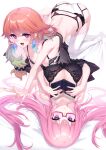  2girls all_fours bangs bespectacled black_bra book bra breasts cleavage earrings feather_earrings feathers glasses gradient_hair green_hair highres holding holding_book hololive hololive_english jewelry large_breasts lingerie long_hair looking_at_viewer looking_up lying medium_breasts mori_calliope multicolored_hair multiple_girls on_back on_bed open_hand orange_hair panties pink_hair takanashi_kiara thighhighs underwear virtual_youtuber white_panties yaguo 