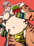  2021 anthro asian_clothing bearlovestiger13 belly blue_eyes blush bulge clothing east_asian_clothing felid fundoshi hi_res hombretigre humanoid_hands japanese_clothing kemono male mammal moobs navel nipples overweight overweight_male pantherine solo tiger tokyo_afterschool_summoners underwear video_games weapon 