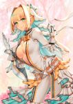  1girl absurdres belt blonde_hair bodysuit breasts bridal_veil commentary fate/extra fate/extra_ccc fate/grand_order fate_(series) flower_wreath full-length_zipper gloves green_eyes hair_intakes highres large_breasts lock long_sleeves loose_belt nero_claudius_(bride)_(fate) nero_claudius_(fate)_(all) newmoonshira padlock padlocked_collar showgirl_skirt smile solo veil white_bodysuit white_gloves zipper zipper_pull_tab 