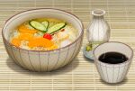  bottle cherry cucumber cucumber_slice cup food food_focus fruit hokkaido_(artist) no_humans noodles orange original realistic sauce saucer simple_background soy_sauce still_life vegetable 