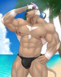 1boy abs absurdres animal_ears bara bare_pecs beach bulge camouflage camouflage_headwear chest_hair cow_ears cow_horns cowboy_shot furry hand_on_hip hand_up headband highres horns keijimohumohu looking_to_the_side male_focus male_swimwear minotaur muscular muscular_male navel nipples pectorals purple_eyes purple_horns shennong_(tokyo_houkago_summoners) short_hair smile solo stomach swim_briefs swimwear thick_thighs thighs tokyo_houkago_summoners white_hair 