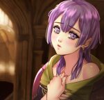  1girl bangs bare_shoulders bernadetta_von_varley blush collarbone earrings esther eyebrows_visible_through_hair fire_emblem fire_emblem:_three_houses hair_between_eyes indoors jewelry long_hair looking_at_viewer parted_lips purple_eyes purple_hair shiny shiny_hair shiny_skin signature solo upper_body 
