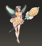  1girl :3 absurdres bangs black_background blush breasts brown_hair cleavage closed_mouth detached_collar dress eyelashes fairy frilled_skirt frills full_body gem glowing glowing_wings gradient gradient_background hair_ornament hairband high_heels highres holding holding_weapon honey_dipper insect_wings kneehighs lips long_hair medium_breasts narrow_waist orange_footwear orange_nails original parted_bangs puffy_short_sleeves puffy_sleeves short_sleeves simple_background single_bare_shoulder single_sleeve skirt solo sparkle staff standing strappy_heels two-handed weapon white_legwear whyingre wings wrist_cuffs yellow_dress yellow_eyes yellow_headband 