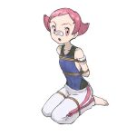  1girl absurdres arms_behind_back bandaid bandaid_on_arm bandaid_on_nose barefoot bodysuit chimu_xingcheng collarbone commentary_request covered_navel eyelashes flat_chest full_body grey_pants gym_leader highres looking_at_viewer maylene_(pokemon) open_mouth pants pink_eyes pink_hair pokemon pokemon_(game) pokemon_dppt shibari shibari_over_clothes short_hair solo toes tongue 