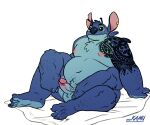  2021 4_arms 5_toes alien antennae_(anatomy) anthro anthrofied back_markings back_spines balls biped blue_body blue_fur blue_nose body_hair chest_tuft crotch_tuft dipstick_antennae disney ear_piercing erection experiment_(lilo_and_stitch) facial_hair feet fur genitals head_tuft hi_res humanoid_feet humanoid_genitalia humanoid_penis kamudragon knee_tuft leg_tuft lilo_and_stitch male markings multi_arm multi_limb multicolored_antennae musclegut nipples notched_ear nude penis piercing pink_nipples reclining simple_background solo stitch_(lilo_and_stitch) tattoo text toes tuft url vein veiny_penis white_background 