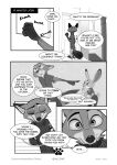  ? absurd_res anthro bottomwear canid canine clothed clothing comic dessert dialogue disney door doughnut duo english_text food fox fully_clothed fur greyscale hi_res holding_food holding_object judy_hopps lagomorph leporid mammal monochrome nick_wilde pants qalcove rabbit red_fox speech_bubble standing sweater text topwear zootopia 