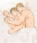  2boys abs bara black_hair blanket blush brown_hair chataro1412 completely_nude couple cuddling from_above glasses holding_hands interlocked_fingers lying male_focus master_3_(tokyo_houkago_summoners) multiple_boys muscular muscular_male nude on_bed on_side pectorals pillow rimless_eyewear shiro_(tokyo_houkago_summoners) short_hair smile thick_eyebrows tokyo_houkago_summoners yaoi 