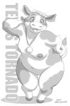  2020 anthro bell bovid bovine breasts cattle cloven_hooves ear_piercing ear_ring female flowers_in_hair genitals greyscale hi_res hooves horn mammal monochrome neko_no_hito nude open_mouth piercing pussy simple_background slightly_chubby small_breasts solo stocky white_background wide_eyed wide_hips 