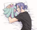  1boy bed bed_sheet black_shirt blush commentary_request eye_contact gen_7_pokemon gi_xxy green_eyes hand_on_another&#039;s_head highres james_(pokemon) light_purple_hair looking_at_another lying mareanie on_side pillow pokemon pokemon_(anime) pokemon_(creature) pokemon_sm_(anime) ponytail shirt short_ponytail team_rocket 