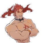  1boy abs bara bow bowtie chest_tattoo cropped_torso crossed_arms detached_collar detached_sleeves dragon_boy dragon_horns dragon_tail horns ifrit_(tokyo_houkago_summoners) male_focus muscular muscular_male nude orange_eyes orange_hair pectorals pointy_ears short_hair sketch smile solo spiked_hair tail tattoo tokyo_houkago_summoners uori 