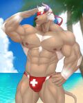  1boy abs absurdres animal_ears bara bare_pecs beach bulge camouflage camouflage_headwear chest_hair cow_ears cow_horns cowboy_shot furry hand_on_hip hand_up headband highres horns keijimohumohu looking_to_the_side male_focus male_swimwear medic minotaur muscular muscular_male navel nipples pectorals purple_eyes purple_horns shennong_(tokyo_houkago_summoners) short_hair smile solo stomach swim_briefs swimwear thick_thighs thighs tokyo_houkago_summoners white_hair 