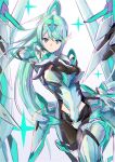  1girl bodysuit breasts green_eyes green_hair large_breasts pneuma_(xenoblade) ponytail simple_background solo white_background xenoblade_chronicles_(series) xenoblade_chronicles_2 yuuuun0218 