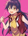  1girl :d bangs collared_shirt dated dress_shirt duel_academy_uniform_(yu-gi-oh!_gx) eyebrows_visible_through_hair floating_hair hair_between_eyes jacket long_hair mikami_(mkm0v0) open_clothes open_jacket open_mouth pink_background purple_hair red_jacket saotome_rei shiny shiny_hair shirt signature sleeveless sleeveless_jacket sleeveless_shirt smile solo sweater upper_body very_long_hair wing_collar yellow_shirt yellow_sweater yu-gi-oh! yu-gi-oh!_gx 