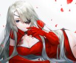  1girl breasts china_dress chinese_clothes cleavage commentary_request dress elbow_gloves eyepatch gloves grey_hair large_breasts long_hair looking_at_viewer lydia_macarthur lying on_side original petals scar simple_background solo waka_(shark_waka) white_background 