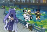  bare_shoulders blue_hair bridge cape chinese_clothes detached_sleeves double_bun dress fish frills genshin_impact gloves hair_ornament hair_rings halo hand_on_hip highres keqing koi lily_pad long_hair lumine_(genshin_impact) multiple_girls open_mouth paimon_(genshin_impact) pond purple_hair rpdls56_genshin scarf short_hair sleeveless twintails water white_hair xiangling_(genshin_impact) 