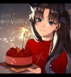  1girl bangs black_hair blue_eyes blush breasts brown_hair cake candle commentary_request dated fate/stay_night fate_(series) food hair_ribbon happy_birthday highres holding letterboxed long_hair long_sleeves looking_at_viewer medium_breasts parted_lips red_sweater ribbon shimatori_(sanyyyy) smile solo sweater tohsaka_rin two_side_up upper_body 