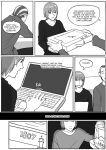  bottomwear clothing comic computer dialogue egg elf english_text gift grimart hair humanoid humanoid_pointy_ears keyboard laptop leto_(grimart) male monochrome pants shirt short_hair sitting smile text topwear 
