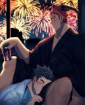  2boys alternate_costume bara bare_legs black_kimono blush can coca-cola couple dark_skin dark_skinned_male dragon_boy dragon_horns dragon_tail fireworks highres horns ifrit_(tokyo_houkago_summoners) japanese_clothes kihane_atsusane kimono lap_pillow male_focus master_3_(tokyo_houkago_summoners) multiple_boys muscular muscular_male orange_eyes orange_hair pointy_ears short_hair sleeping sleeping_on_person spiked_hair spread_legs tail tokyo_houkago_summoners window yaoi 