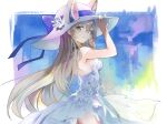  1girl alternate_costume animal_ears blue_bow bow breasts dress euphemia_chevalier eyebrows_visible_through_hair fox_ears fox_girl hair_behind_ear hair_between_eyes hand_on_headwear hat hat_bow highres indie_virtual_youtuber long_hair looking_at_viewer medium_breasts nattsume_(pantsuhead) parted_lips silver_hair solo sun_hat very_long_hair virtual_youtuber white_dress yellow_eyes 