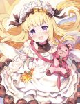  1girl :d bangs bear_bag black_ribbon blonde_hair cagliostro_(granblue_fantasy) commentary_request dot_nose dress eyebrows_visible_through_hair flower food frilled_dress frills granblue_fantasy hair_flower hair_ornament hair_ribbon hairband highres in_food lolita_hairband long_hair long_sleeves off_shoulder open_mouth pilokey purple_eyes ribbon rose simple_background smile solo star_(symbol) star_hair_ornament white_background white_dress white_flower white_rose 