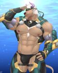  1boy abs absurdres animal_ears bara bare_pecs bare_shoulders beach bulge camouflage camouflage_headwear chest_hair chest_harness cow_ears cow_horns cowboy_shot crotchless crotchless_pants furry hand_on_hip hand_up harness headband highres horns keijimohumohu looking_to_the_side male_focus male_swimwear minotaur muscular muscular_male navel nipples official_alternate_costume pectorals purple_eyes purple_horns shennong_(tokyo_houkago_summoners) shirt short_hair smile solo stomach swim_briefs swimwear thick_thighs thighs tokyo_houkago_summoners underwater white_hair yin_yang yin_yang_print 