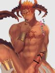  2boys abs bar_censor bara blush censored chest_tattoo completely_nude dark_skin dark_skinned_male dragon_boy dragon_horns dragon_tail erection highres horns ifrit_(tokyo_houkago_summoners) implied_sex kihane_atsusane looking_at_viewer male_focus multiple_boys muscular muscular_male navel nipples nude orange_eyes orange_hair pectorals penis pointy_ears short_hair solo_focus spiked_hair tail tattoo tokyo_houkago_summoners yaoi 