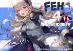  1girl anniversary armor black_armor blue_background blue_cape blush cape commentary_request confetti corrin_(fire_emblem) corrin_(fire_emblem)_(female) cowboy_shot dutch_angle english_text eyebrows_visible_through_hair fire_emblem fire_emblem_fates fire_emblem_heroes hair_between_eyes hairband long_hair looking_at_viewer pointy_ears red_eyes senchat shadow signature simple_background smile solo two-tone_background upper_teeth very_long_hair watermark white_armor white_background white_hair 