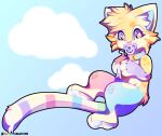  &lt;3 ambiguous_gender anthro cheek_tuft cloud cloudscape collar domestic_cat ear_tuft facial_tuft felid feline felis food fur heart_nose hi_res holding_food holding_object infantilism juice_box konoeikreations long_tail looking_aside mammal multicolored_body multicolored_fur pacifier pawpads sky solo tuft 