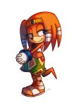  1girl animal_nose bandages blue_eyes bluekomadori closed_mouth commentary full_body furry hair_ornament hands_together highres looking_to_the_side sandals simple_background smile solo sonic_adventure sonic_the_hedgehog standing tail tikal_the_echidna white_background 